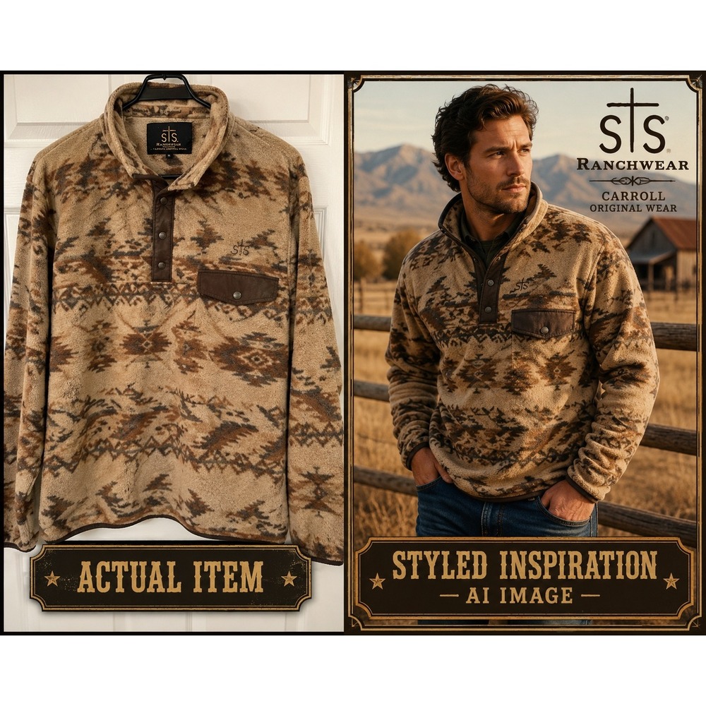 STS Ranchwear Aztec Fleece Pullover Mens Medium Gray Western Quarter Snap Jacket